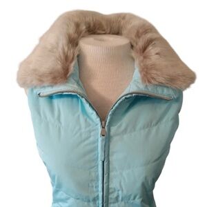 Talbots Sky Blue Puffer Vest with Faux Fur Trim